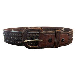 Vintage Leather Weave Belt Boho Brown Leather Covered Buckle Unisex Size 42